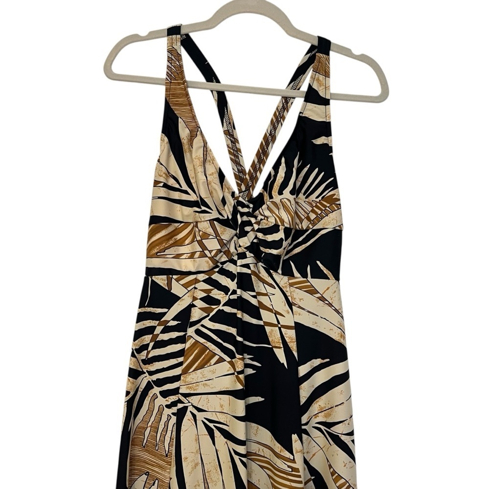Carol Wior Twist Front Swim Dress Black Tan Botanical Print Size Large Tropical - Picture 2 of 6
